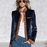 Vintage Dark Blue Velvet Suede-Trim Gold-Button Stand-Collar Military Jacket Women