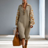 Women's Collared Floral-Panel Drop-Shoulder Balloon-Sleeve Relaxed Knit Midi Dress MDZ2602H8CMX