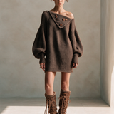 Women's Asymmetric Foldover Wooden-Button Drop-Shoulder Balloon-Sleeve Relaxed Wool-Knit Mini Dress MDZ2634H5CMX