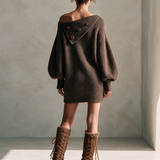 Women's Asymmetric Foldover Wooden-Button Drop-Shoulder Balloon-Sleeve Relaxed Wool-Knit Mini Dress MDZ2634H5CMX