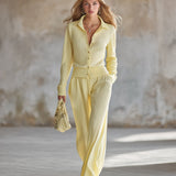 Chic Light Yellow Button-up Top And Wide-leg Trousers Lightweight Knit Set