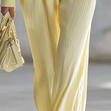 Chic Light Yellow Button-up Top And Wide-leg Trousers Lightweight Knit Set