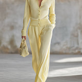 Chic Light Yellow Button-up Top And Wide-leg Trousers Lightweight Knit Set