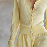 Chic Light Yellow Button-up Top And Wide-leg Trousers Lightweight Knit Set