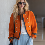 Women's Orange Military Jacket Double-Breasted Gold Button Oversized Band Coat