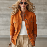 Women's Orange Stand-Collar Utility Jacket Metal Button Fitted Field Coat