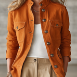 Women's Orange Stand-Collar Utility Jacket Metal Button Fitted Field Coat
