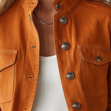 Women's Orange Stand-Collar Utility Jacket Metal Button Fitted Field Coat