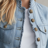 Women's Light Blue Denim Jacket Frayed Trim Gold Button Cropped Coat