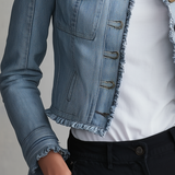 Women's Light Blue Denim Jacket Frayed Trim Gold Button Cropped Coat
