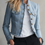 Women's Light Blue Denim Jacket Frayed Trim Gold Button Cropped Coat