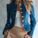 Women's Navy Denim Military Jacket Gold Button Fitted Cropped Officer Blazer