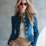 Women's Navy Denim Military Jacket Gold Button Fitted Cropped Officer Blazer