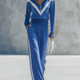 Retro-casual Elegant Blue Cotton-blend Sweatshirt And Sweatpants Set