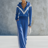 Retro-casual Elegant Blue Cotton-blend Sweatshirt And Sweatpants Set