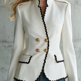 Retro-elegant Color-blocked Wavy-trimmed White Stand-collar Jacket