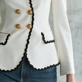 Retro-elegant Color-blocked Wavy-trimmed White Stand-collar Jacket