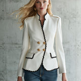 Retro-elegant Color-blocked Wavy-trimmed White Stand-collar Jacket