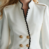 Retro-elegant Color-blocked Wavy-trimmed White Stand-collar Jacket