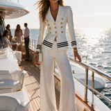 Casual Retro Striped White Suit Jacket And Wide-leg Pants Set
