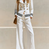 Casual Retro Striped White Suit Jacket And Wide-leg Pants Set