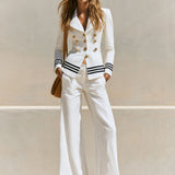 Casual Retro Striped White Suit Jacket And Wide-leg Pants Set