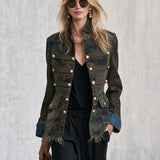 Vintage Camo Denim Stand-Collar Gold-Button Frayed-Hem Jacket