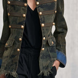 Vintage Camo Denim Stand-Collar Gold-Button Frayed-Hem Jacket