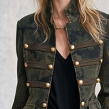 Vintage Camo Denim Stand-Collar Gold-Button Frayed-Hem Jacket