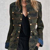 Vintage Camo Denim Stand-Collar Gold-Button Frayed-Hem Jacket