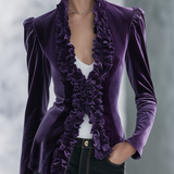Vintage-style Casual Elegant Purple Velvet Jacket With Ruffles