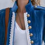 Vintage-style Casual Elegant Blue Velvet And Lace Panel Jacket