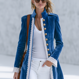 Vintage-style Casual Elegant Blue Velvet And Lace Panel Jacket