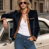 Vintage Dark Blue Velvet Suede-Trim Gold-Button Stand-Collar Military Jacket Women