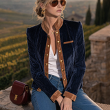Vintage Dark Blue Velvet Suede-Trim Gold-Button Stand-Collar Military Jacket Women