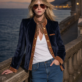 Vintage Dark Blue Velvet Suede-Trim Gold-Button Stand-Collar Military Jacket Women