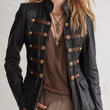 Urban Military Style Zipper Horizontal Trim Black PU Jacket