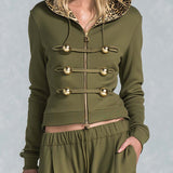 Vintage Military Olive Hooded Gold-Button Zip Hoodie Cargo Pants Set Women