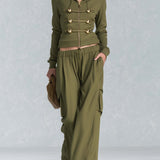 Vintage Military Olive Hooded Gold-Button Zip Hoodie Cargo Pants Set Women