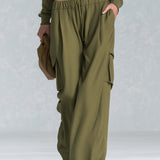 Vintage Military Olive Hooded Gold-Button Zip Hoodie Cargo Pants Set Women