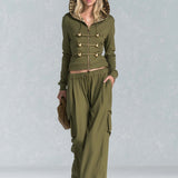 Vintage Military Olive Hooded Gold-Button Zip Hoodie Cargo Pants Set Women