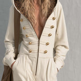 Vintage Cream Hooded Gold-Button Zip-Front Cargo Wide-Leg Military Jumpsuit Women