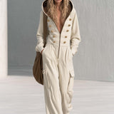 Vintage Cream Hooded Gold-Button Zip-Front Cargo Wide-Leg Military Jumpsuit Women