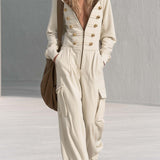 Vintage Cream Hooded Gold-Button Zip-Front Cargo Wide-Leg Military Jumpsuit Women