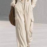 Vintage Cream Hooded Gold-Button Zip-Front Cargo Wide-Leg Military Jumpsuit Women