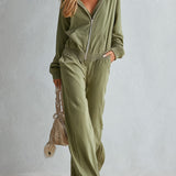 Chic Casual Faux-Fur Trim Muted Olive Cotton Hooded Long-Sleeve Jumpsuit