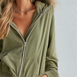 Chic Casual Faux-Fur Trim Muted Olive Cotton Hooded Long-Sleeve Jumpsuit