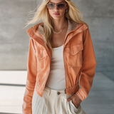 Cropped Orange Leather Jacket Women Leopard Trim Drawstring Hem Fall Moto