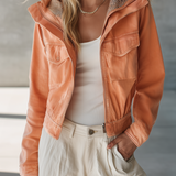 Cropped Orange Leather Jacket Women Leopard Trim Drawstring Hem Fall Moto
