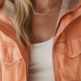 Cropped Orange Leather Jacket Women Leopard Trim Drawstring Hem Fall Moto